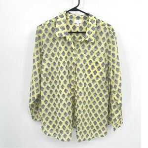 Floral Block Print Shirt XL Yellow Cotton Button Down Coastal Grandma Boho